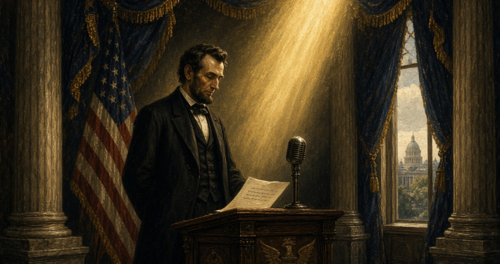 Lincoln preparing a long speech in front of the mic