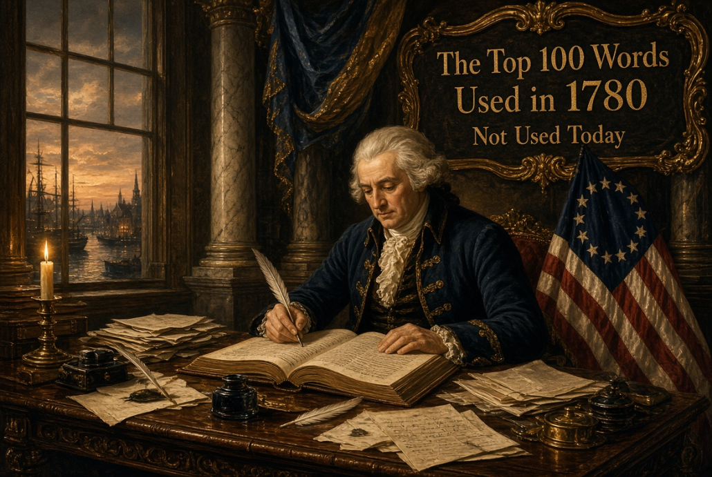 man uses pen and quill during 1780s indoor for 100 words not used today of the era post